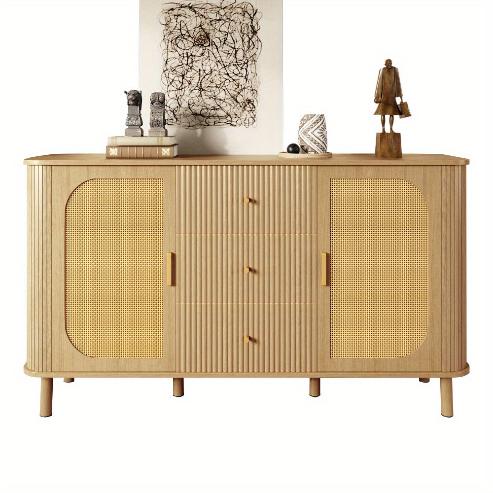 Dressoir – Opbergkast – Ladekast – Buffetkast – Commode – Modern Design – Duurzaam Materiaal – Licht Beige/Natuurlijke Bruin – Met Laden en Open Vakken – Stevige Metalen Poten