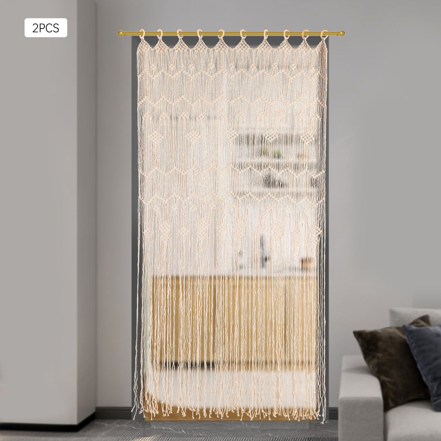 Macramé Gordijnen – Boho Gordijnen – Handgemaakte Gordijnen – Kamerscherm – Raamdecoratie – Beige / Naturel – Extra Lang 100x200 cm – Houten Ringen Voor Eenvoudig Ophangen
