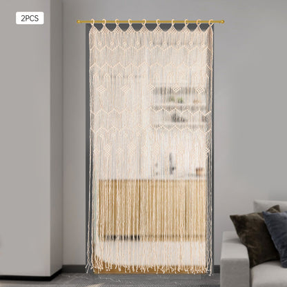 Macramé Gordijnen – Boho Gordijnen – Handgemaakte Gordijnen – Kamerscherm – Raamdecoratie – Beige / Naturel – Extra Lang 100x200 cm – Houten Ringen Voor Eenvoudig Ophangen