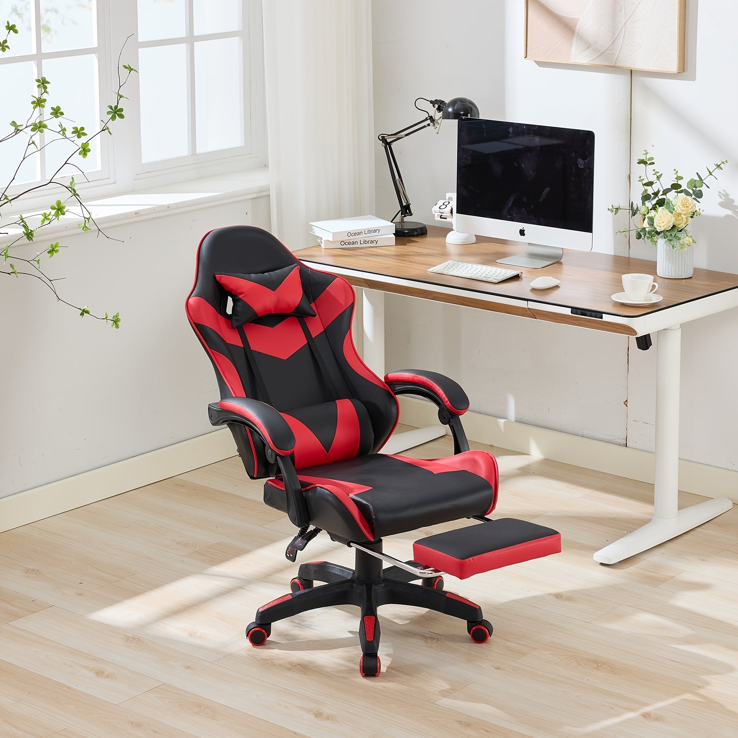 360° Rotating Racing  Design Lounge Chair, Gaming Chair, High-back Office Chair, Height Adjustable, with Wheels, Footrest, Headrest And Lumbar Support.