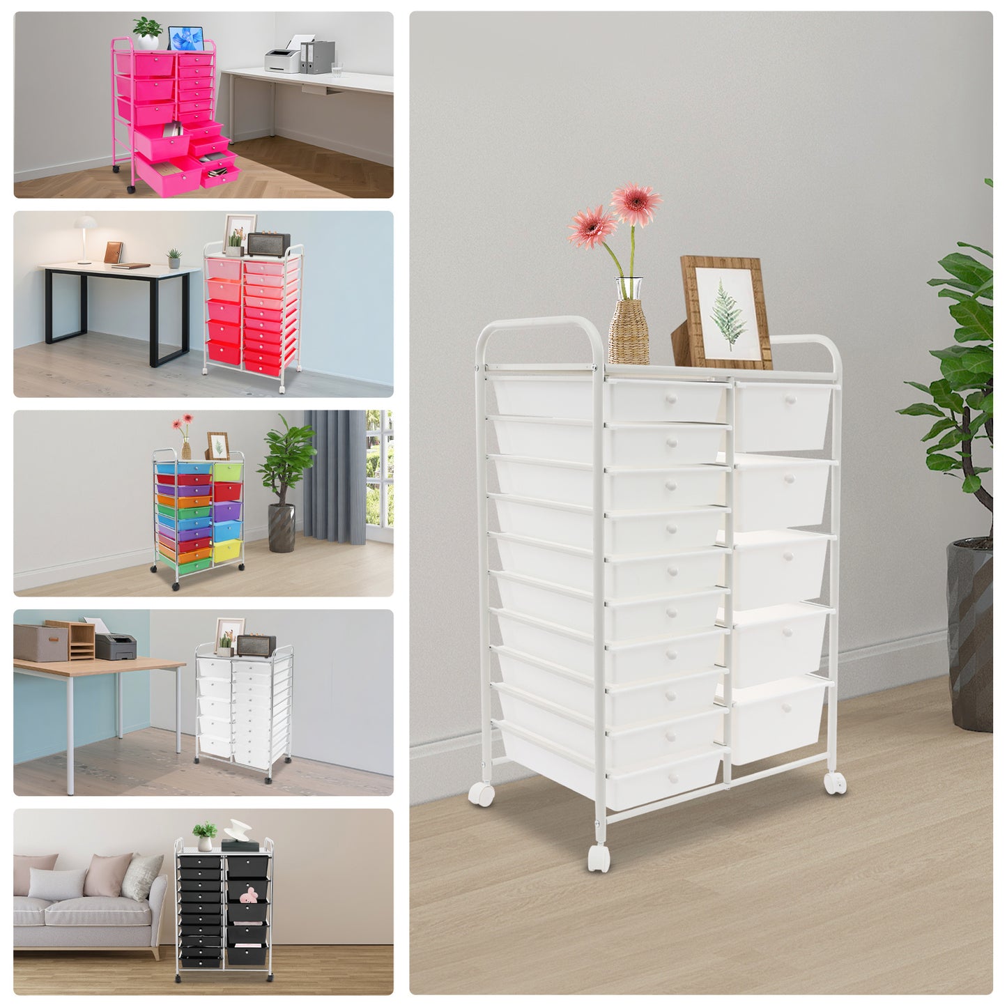Opbergwagen – Rollende Ladenkast – Mobiele Opbergkast – Organizer Met Lade – Opberger Met Wielen – Rosé Rood – 15 Lades – Stevig Metalen Frame – Mobiel Met Remmen