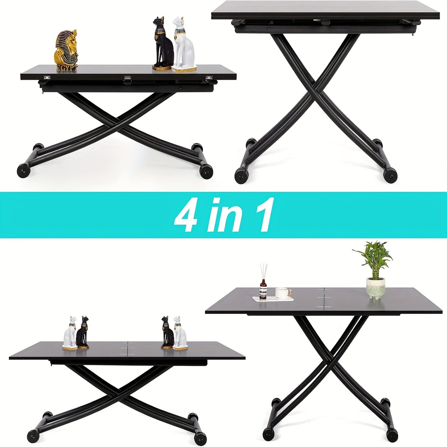 Verstelbare Eettafel – Multifunctionele Tafel – Koffietafel – Werkplek – Bijzettafel – Zwart Notenhout – Stabiel Metalen Frame – Hoogte Verstelbaar