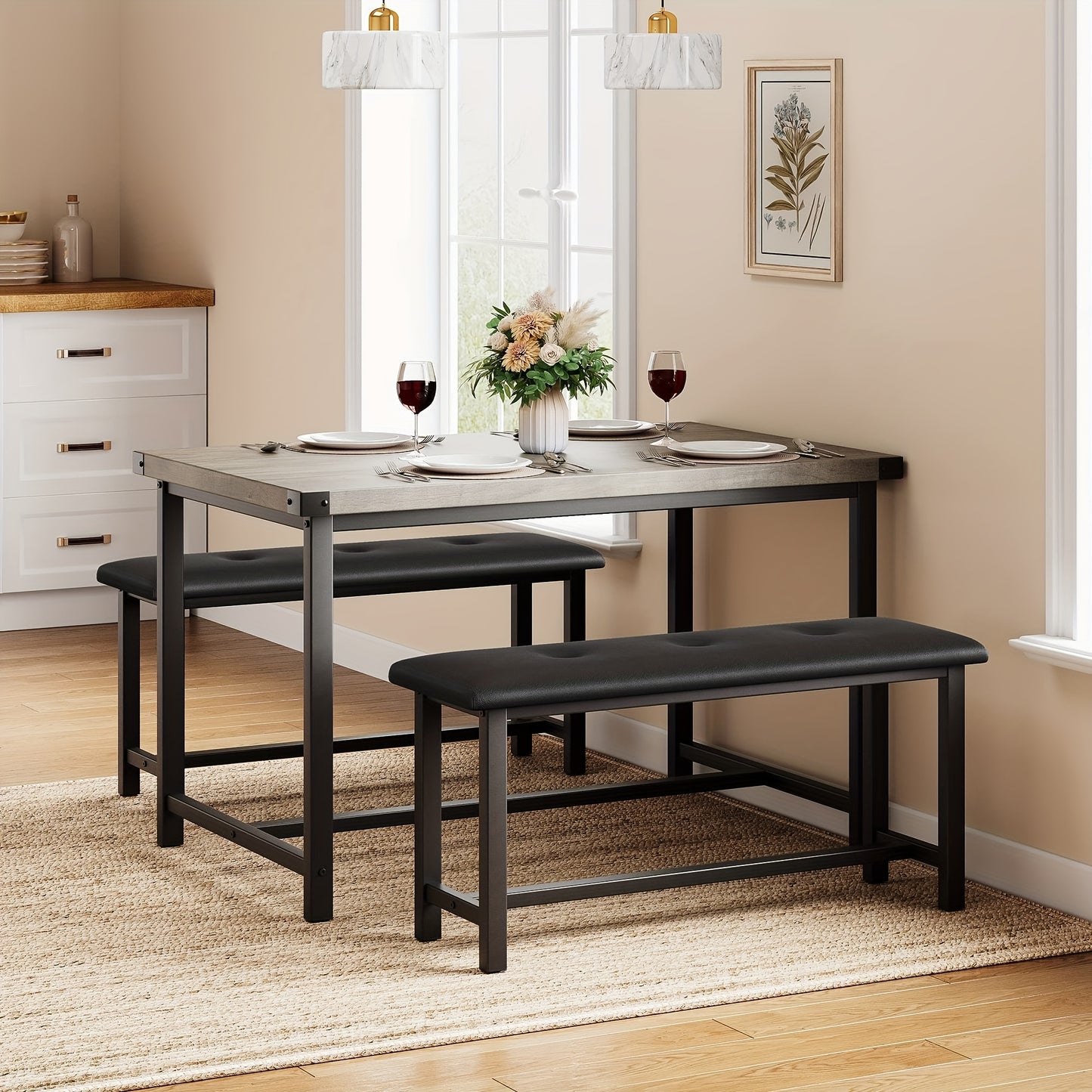 Eethoek – Eettafelset – Keukentafel – Tafel Met Banken – Bistroset – Compact En Ruimtebesparend – Zwarte Vintage Afwerking