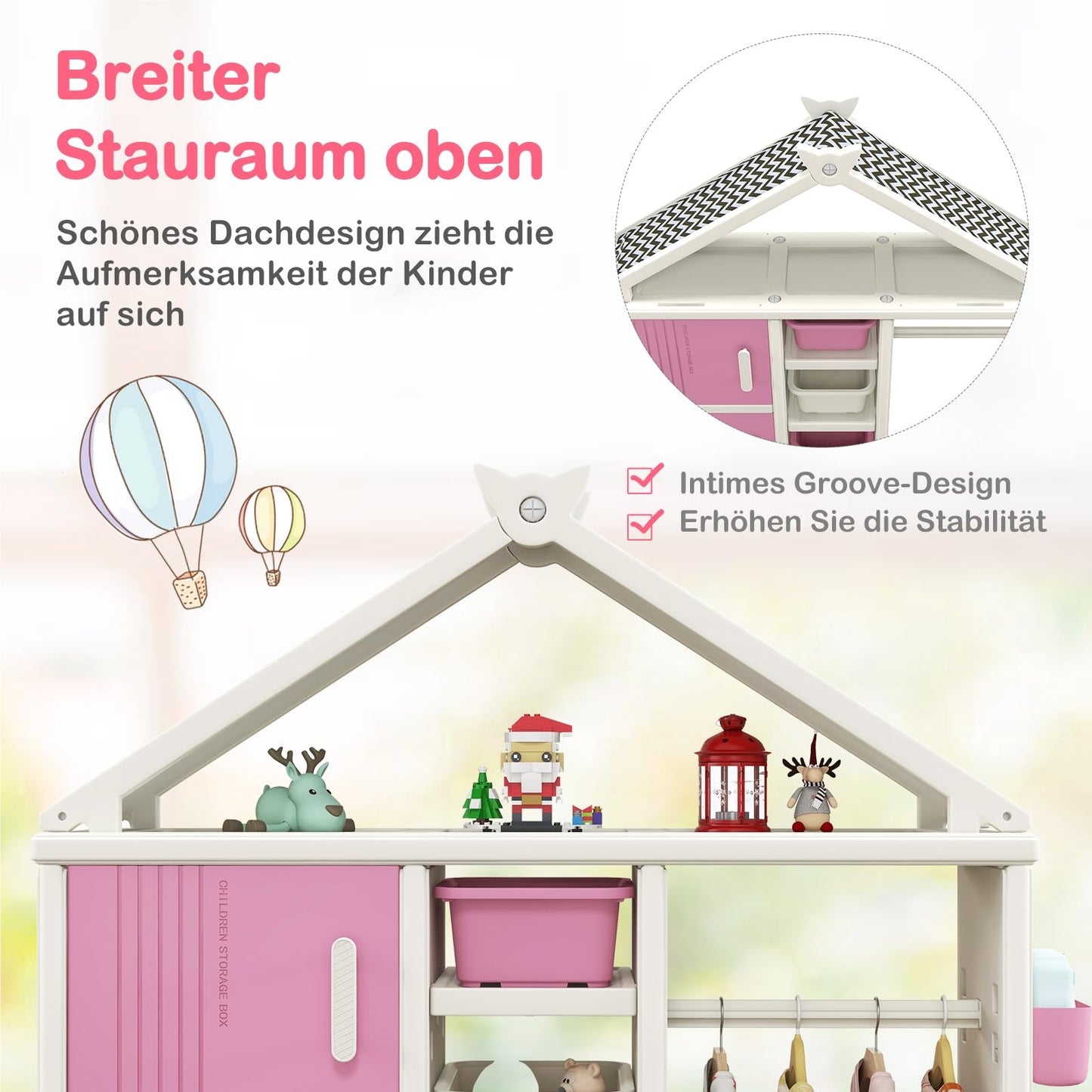Kinderkast Huisstijl – Boekenkast Kind – Speelgoedkast – Opbergkast Kids – Kledingrek Kinderkamer – Roze – Veilig HDPE Materiaal – 4 Opbergboxen & Zijkorfjes