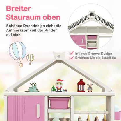 Kinderkast Huisstijl – Boekenkast Kind – Speelgoedkast – Opbergkast Kids – Kledingrek Kinderkamer – Roze – Veilig HDPE Materiaal – 4 Opbergboxen & Zijkorfjes