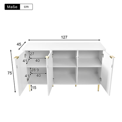 Dressoir – Ladekast – Opbergkast – Buffetkast – Kast – Modern Design – 127x45x75 cm – MDF Hout – Goudkleurige Accenten – Witte Afwerking – 6 Compartimenten – Afgeronde Hoeken