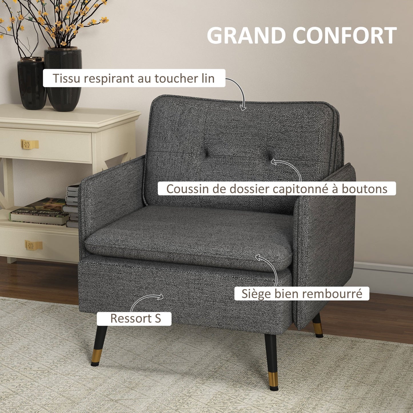 Fauteuil – Relaxstoel – Loungestoel – Zetel – Designstoel – Scandinavisch Design – Gestoffeerde Rugleuning – Metalen Poten Met Gouden Details
