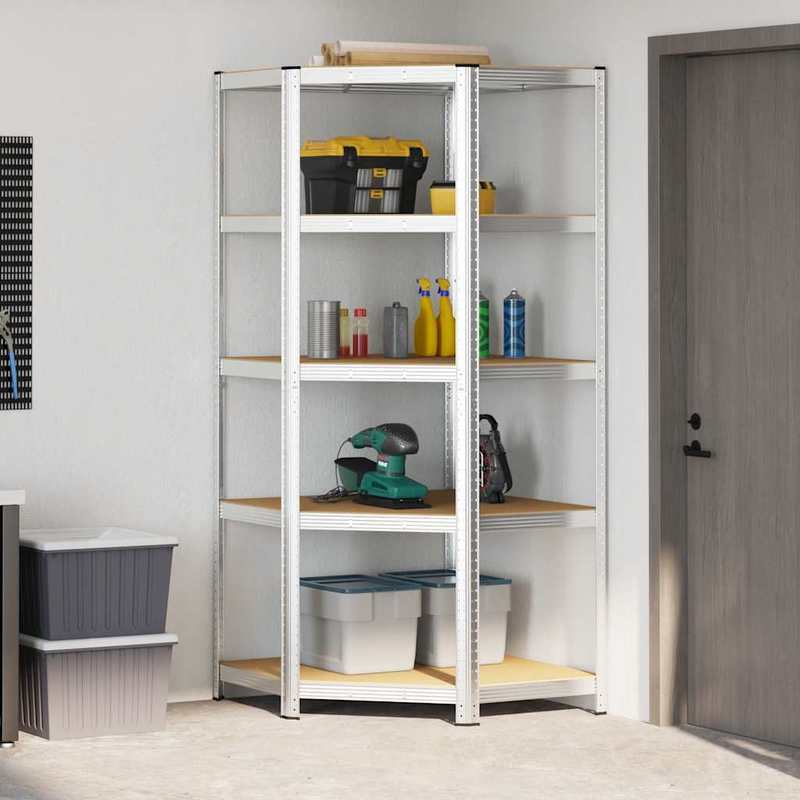 Corner Shelf with 5 Shelves Silver Steel & Wood Material Steel Frame Storage Rack, Garage Storage Rack, Suitable for Living Room, Kitchen, Bathroom, Home, Lobby, Courtyard, Corner Shelves