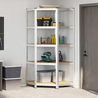 Corner Shelf with 5 Shelves Silver Steel & Wood Material Steel Frame Storage Rack, Garage Storage Rack, Suitable for Living Room, Kitchen, Bathroom, Home, Lobby, Courtyard, Corner Shelves
