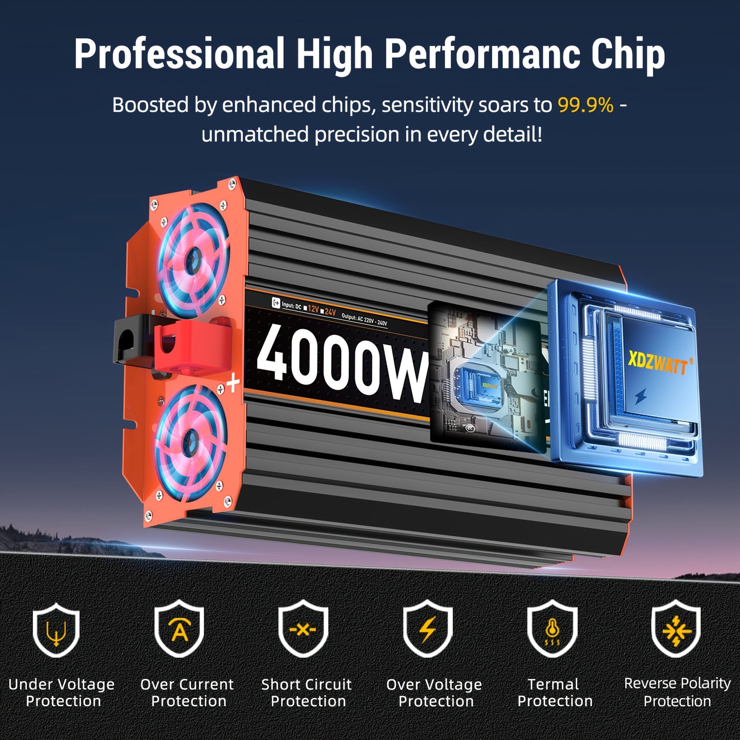Peak Power 4000W Heavy-Duty Car Power Inverter with LCD Display, Continuous 2000W Output, AC Outlets (European Schuko), 2 USB Ports & Type-C, Remote Controller - for RV, Truck, Solar, Boat, Home Backup - Compatible with 12V/2