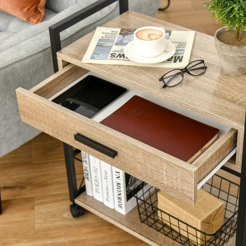 Rijdende Bijzettafel – Mobiele Tafel – Opbergtafel – Serveerwagen – Compacte Bijzetter – Met Lade – Stevig En Duurzaam – 60x30x65 cm