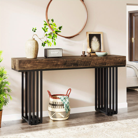 Consoletafel – Haltafel – Entreetafel – Foyertafel – Gangtafel – Modern Metaal Frame – Bruine Houtstructuur – Compact 80 cm Diameter