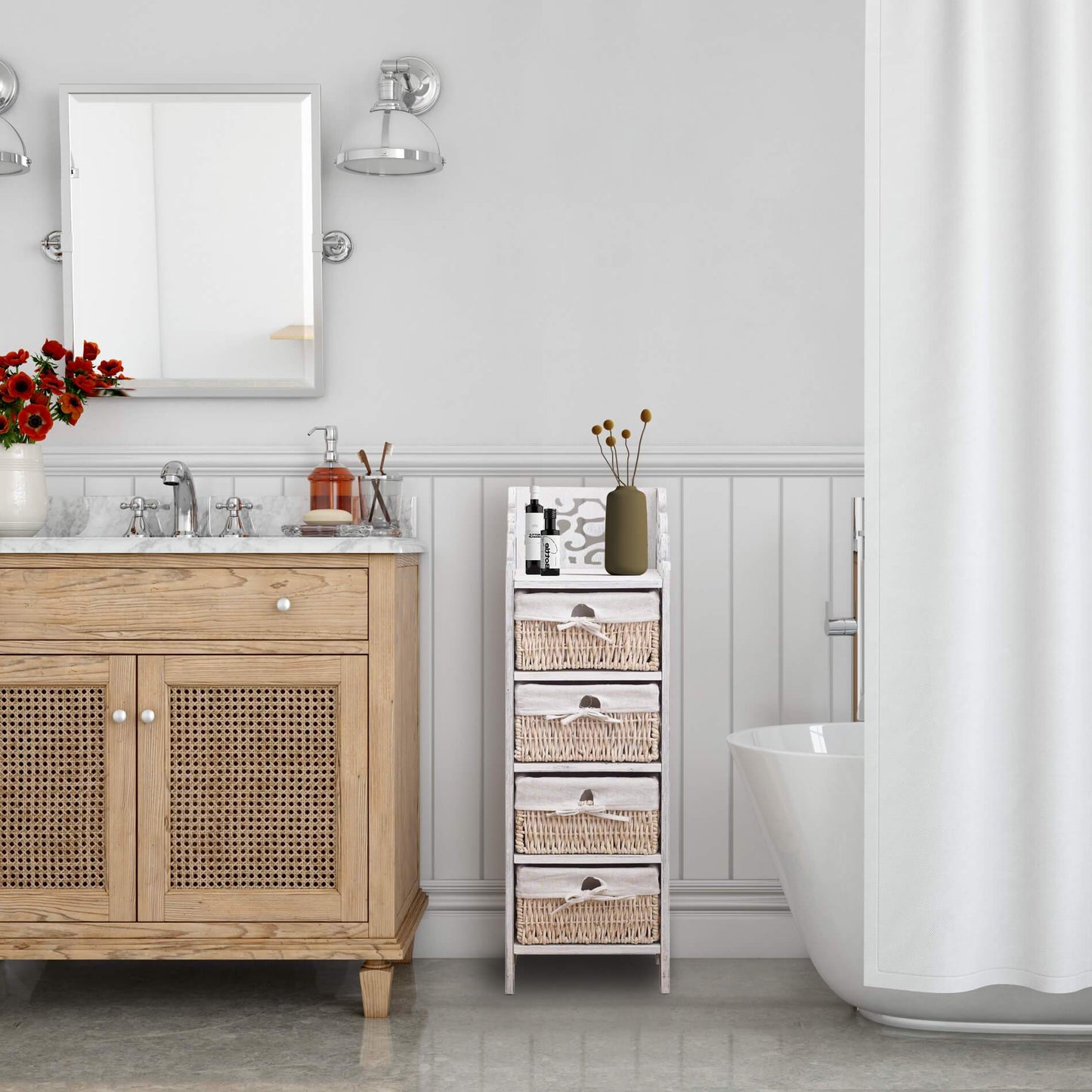 Nachtkastje – Bijzettafel – Ladekast – Opbergkastje – Kabinet – Shabby Vintage Wit – 4 Lades Met Rotan – Hout 98x29x22 cm