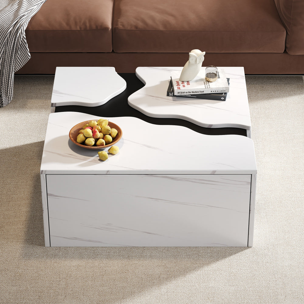 Living Room Coffee Table | 70 x 70 x 31 cm, Cubic Geometric Design, Side Table with Drawer, Uniquely Shaped Marble-Topped Table, Multifunctional Storage and Games Table, Modern Style, Metal Material