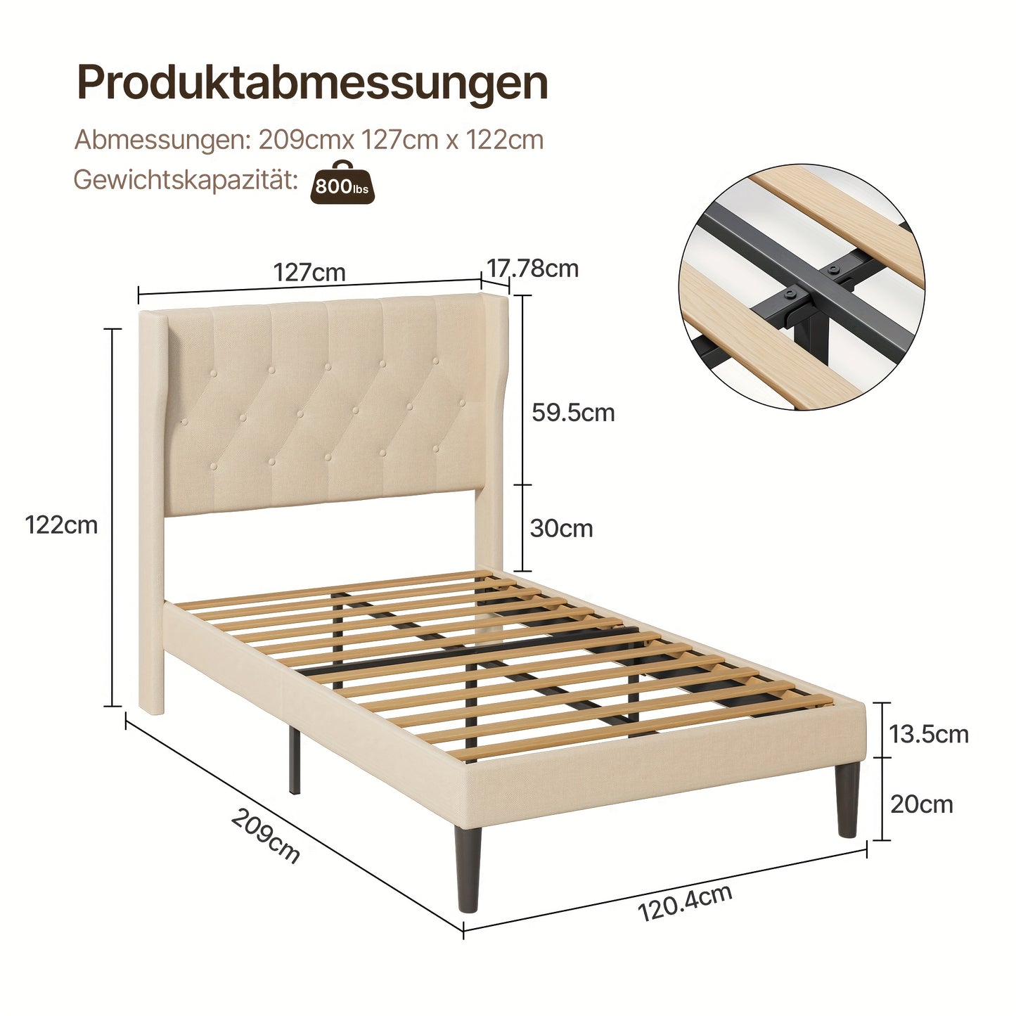Gepolsterd Bedframe – Bedframe Met Bekleding – Gestoffeerd Bed – Slaapkamerbed – Houten Lattenbodem – Beige Kleur – 20 cm Opbergruimte – Makkelijk Te Monteren