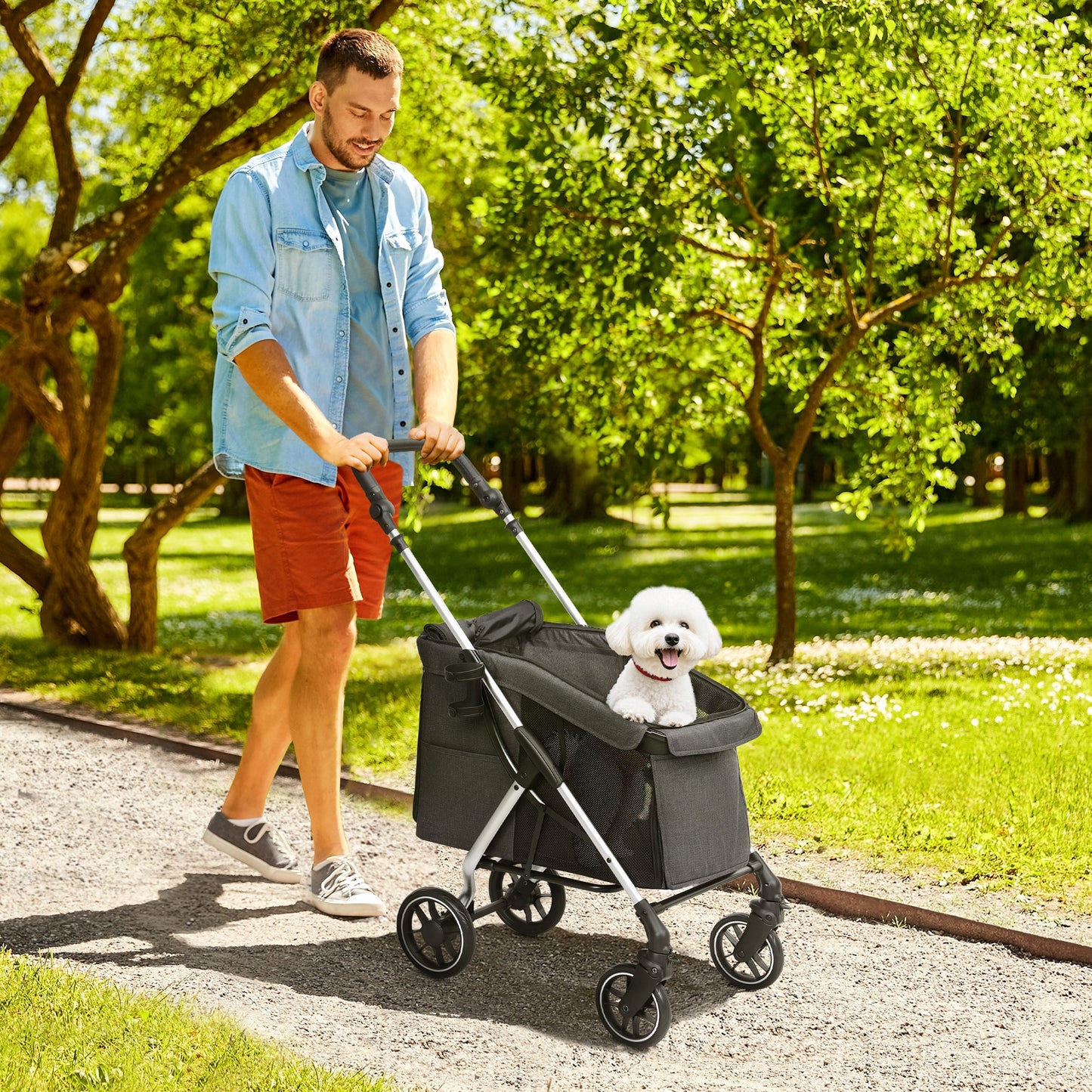 Hondenwagen – Hondenbuggy – Dierenwagen – Hondentransportwagen – Lichtgewicht – Opvouwbaar – Wasbaar Kussen – Ventilerende Gaasramen – Grijs