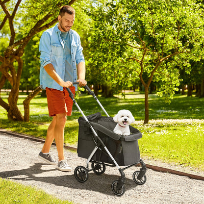 Hondenwagen – Hondenbuggy – Dierenwagen – Hondentransportwagen – Lichtgewicht – Opvouwbaar – Wasbaar Kussen – Ventilerende Gaasramen – Grijs