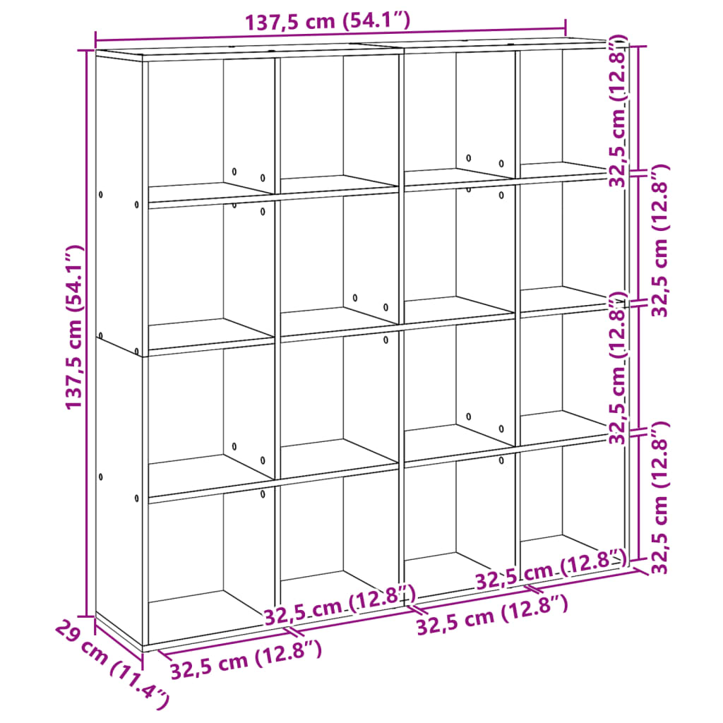Boekenkast – Boekenrek – Opbergkast – Vakkenkast – Roomdivider – Betongrijs – 16 Open Vakken – Hoogwaardig Hout
