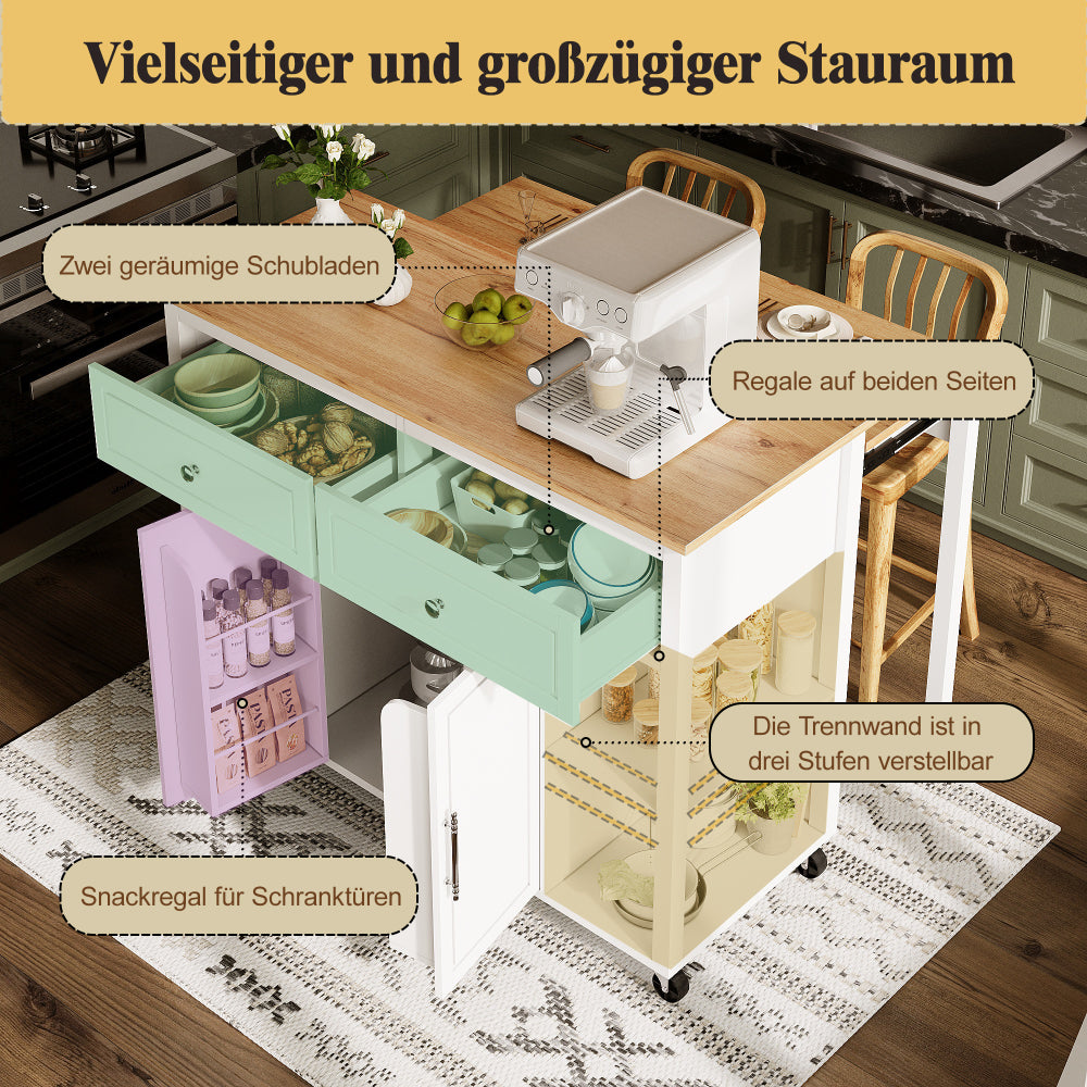 Keukentrolley – Keukenkar – Serveerwagen – Opbergtrolley – Keukenwagen – 2 Lades & Open Schappen – Houtnerf Afwerking & Mobiel met Wieltjes