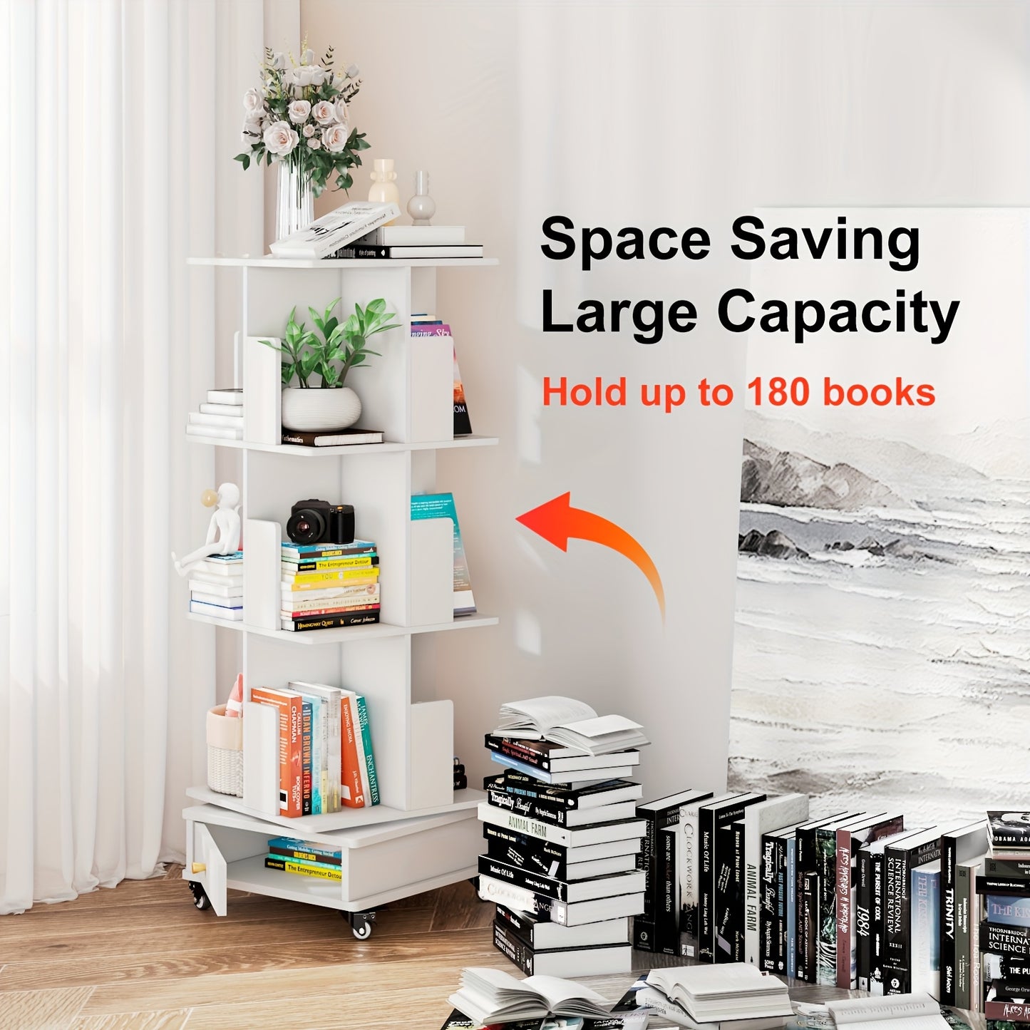 Draaibare Boekenkast – Boekenplank – Opbergkast – Rotatiekast – Witte Boekenkast – 3 Laags Met Lade – 360° Draaibare Planken – Lockbare Wieltjes