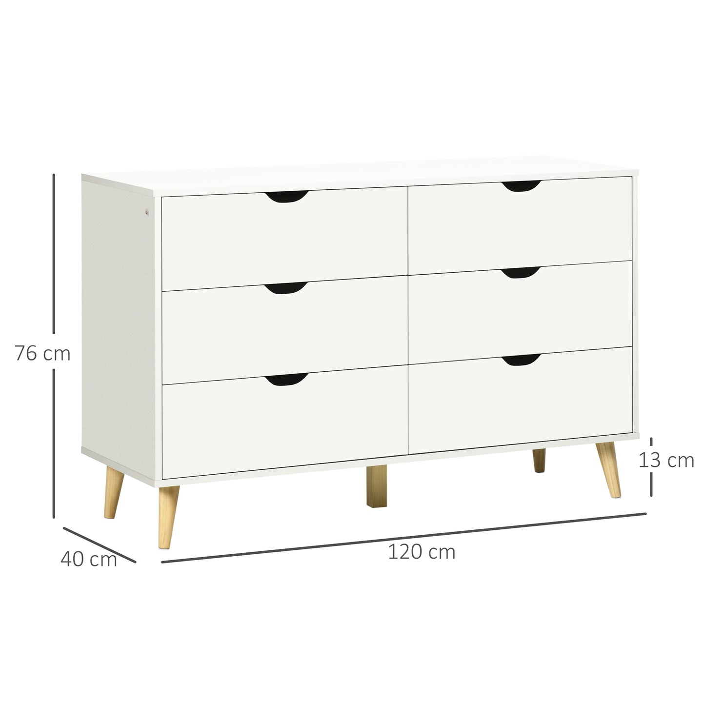 Commode – Ladekast – Opbergkast – Dressoir – Kast – 6 Lades – Scandinavisch Design – Wit Met Houten Poten – 120x40x76 cm – Stevig & Ruim