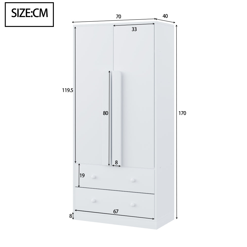 Kledingkast – Garderobekast – Opbergkast – Draaideurkast – Slaapkamerkast – Wit – Met Lades – Metaal – 70x40x170 cm – Eigentijds Design