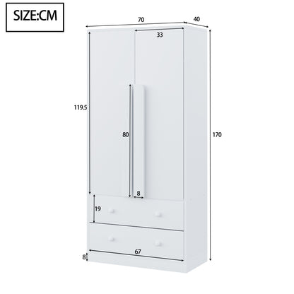 Kledingkast – Garderobekast – Opbergkast – Draaideurkast – Slaapkamerkast – Wit – Met Lades – Metaal – 70x40x170 cm – Eigentijds Design