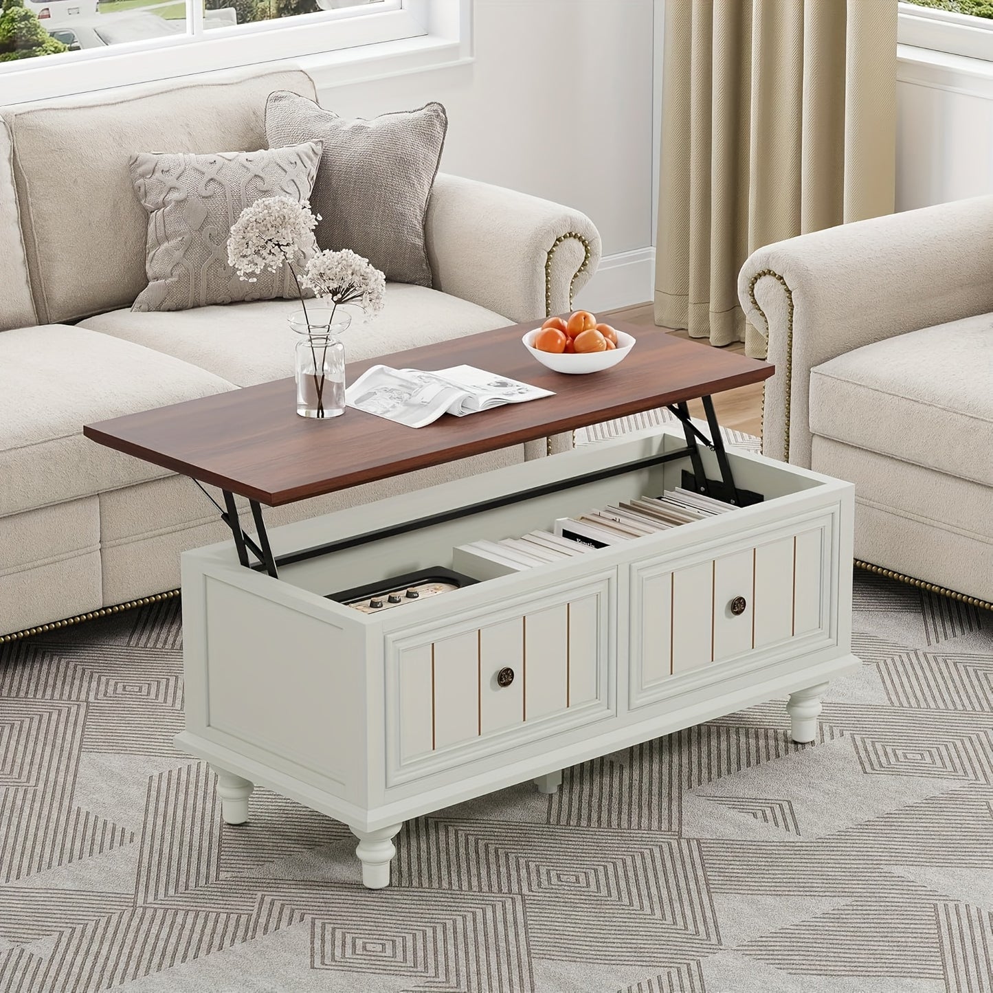 Salontafel – Koffietafel – Bijzettafel – Woonkamertafel – Eettafel – Verstelbaar Tafelblad – Verborgen Opbergruimte – MDF & Hout – Vintage Beige