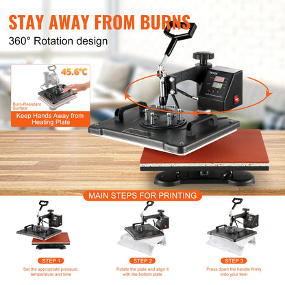 Warmtepers – Transferpers – Textielpers – T-shirt Pers – 8-in-1 Multi Heat Press – 1250W Vermogen – 38x30 cm Verwarmingsoppervlak – Digitale LCD Bediening – 360° Draaibare Arm – Zwart