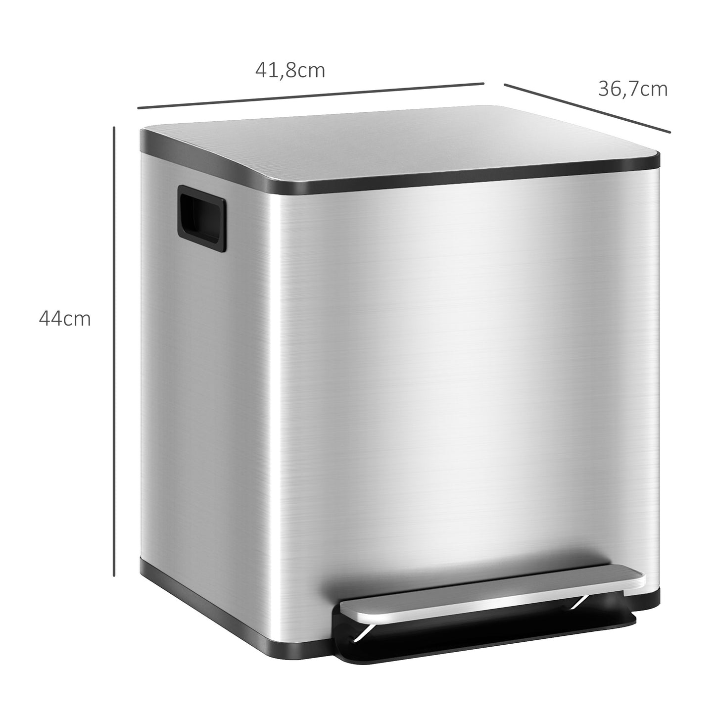 2 x 15L HOMCOM Kitchen Trash Can with Pedal, 2 Compartments, Stainless Steel with Soft Close Lid, Removable Buckets 41.8L x 36.7W x 44H cm Silver