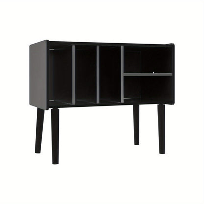 Modern Black Vinyl Record Player Stand with Storage Cabinet - Heavy-Duty MDF & Iron Construction, 80.01cm x 68.07cm x 39.88cm Turntable Stand with 4-Tier Shelves, Holds 220 Vinyl Records, Space-Saving Design for Living Room,