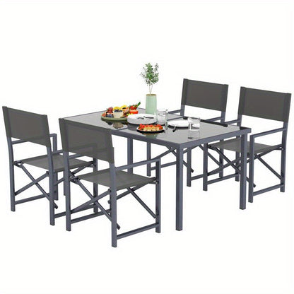 Eettafelset – Eethoek – Keukentafelset – Balkonset – Zitgroep – 5-delig – Inklapbare Stoelen – Gehard Glas Tafelblad – Stalen Frame – Modern Grijs
