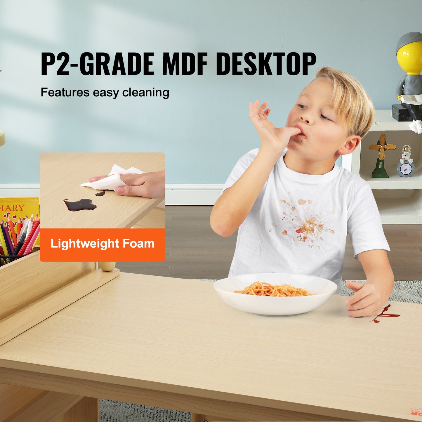 Kinderkunsttafel – Kindertafel – Speeltafel – Knutseltafel – Tafel met 2 Stoelen en Opbergkast – Geschikt voor 2-8 Jaar – Hittebestendig MDF
