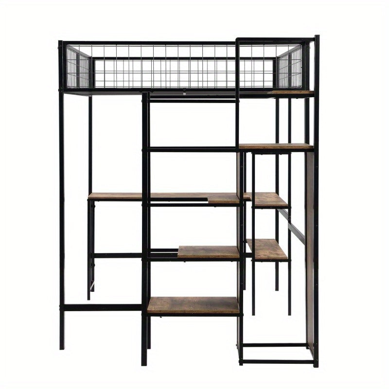 Hoogslaper – Stapelbed – Bedbank – Mezzanine Bed – Bed met Kast – Zwart + Bruin – 140x200 cm – Met Stabiel Metalen Frame