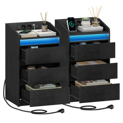 Chest Of Drawers Set Of 2 with 3 Drawers, Side Table with Charging Station And LED, 2 AC Outlets And 2 USB Ports, Bedroom Storage, Storage for Books, And Miscellaneous Items In The Living Room And Bedroom, Organization And St - QUORE