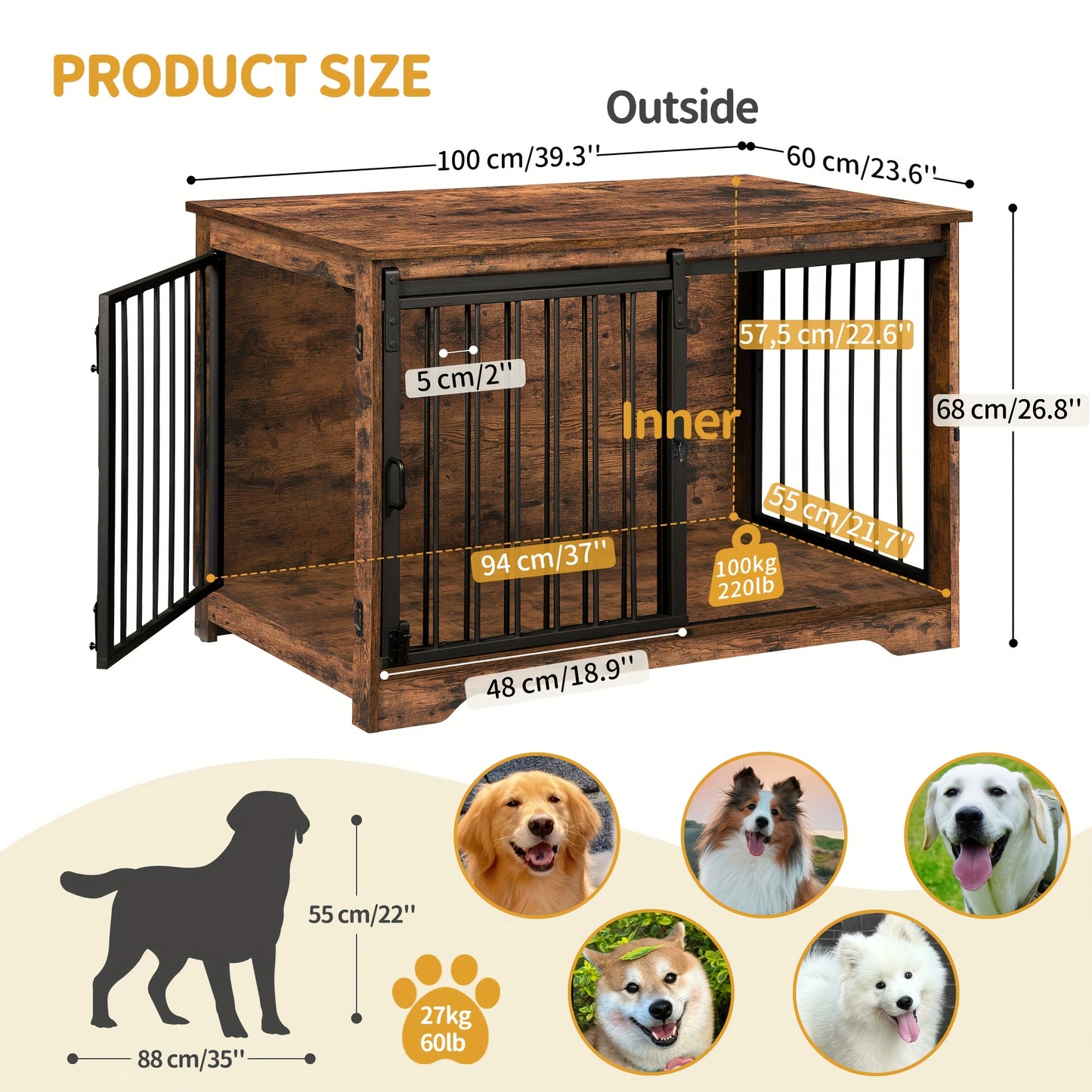 Houten Hondenbench – Hondenkooi – Hondenhok – Dierenbench – Huisdierbench – Met 2 Schuifdeuren – 4 Wieltjes – Compact 60x100x68 cm – Retro Bruin Design
