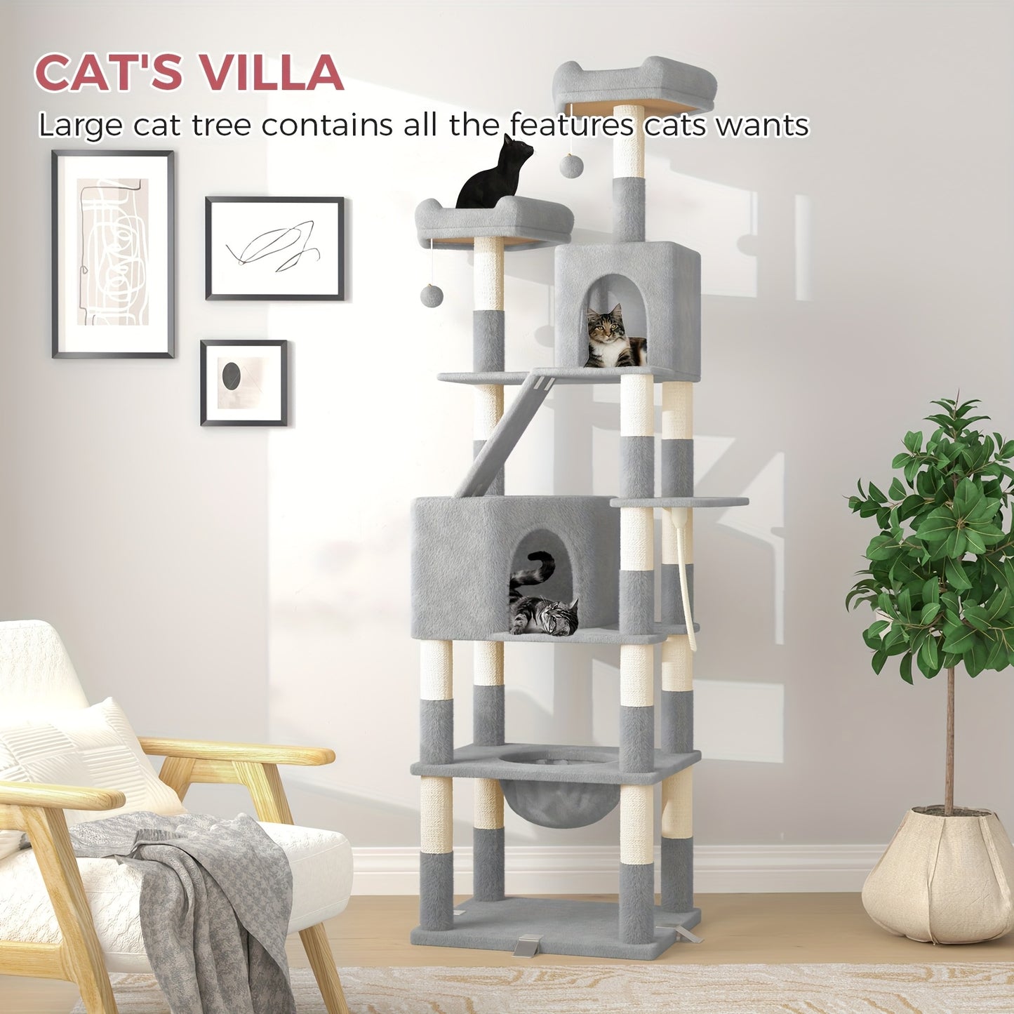 Krabpaal – Kattenkrabpaal – Kattenboom – Krabmeubel – Kattenhuis – Extra Groot – Anti-Kantel Met Verstervingsclips – 208 cm Hoog