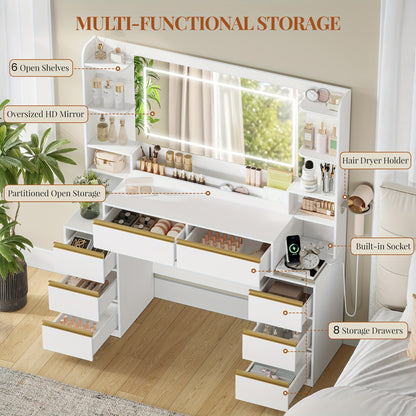 Kaptafel – Make-up Tafel – Toilet Tafel – Schminktisch – Dressing Table – Wit – Modern Design – Groot Spiegel – 8 Lades – Föhnhouder – Compacte Afmetingen 40x135x145 cm