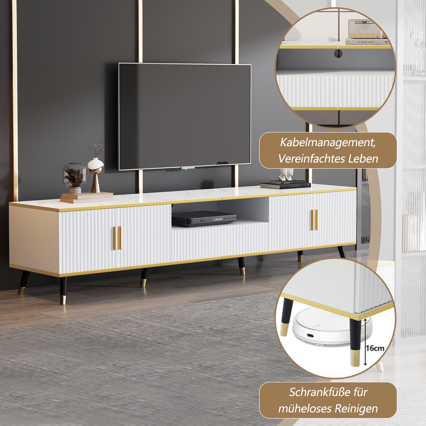 BTM Tv-Lowboard 200×40×46 Cm, Modern TV Board in White with Marble Optic, TV Table / TV Cabinet / TV Furniture for Tvs Up to 90 Inches, Living Room Furniture with Doors, Drawer & Open Shelf