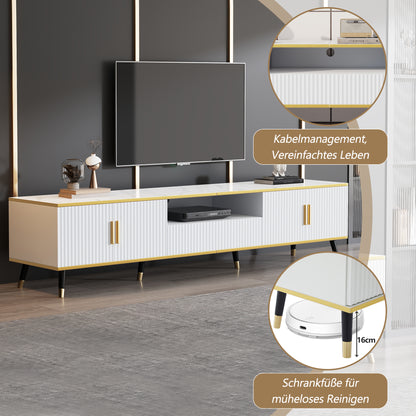 BTM Tv-Lowboard 200×40×46 Cm, Modern TV Board in White with Marble Optic, TV Table / TV Cabinet / TV Furniture for Tvs Up to 90 Inches, Living Room Furniture with Doors, Drawer & Open Shelf