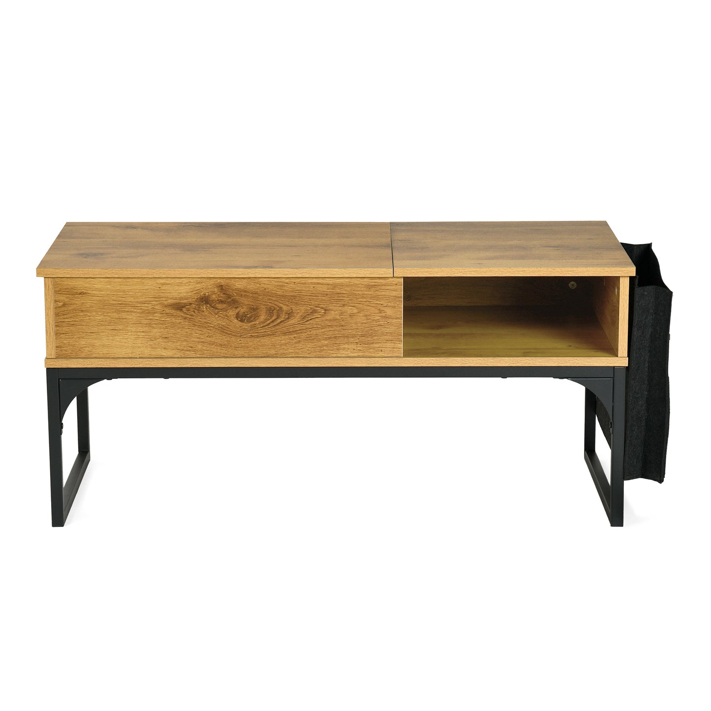 Retro Salontafel – Koffietafel – Woonkamer Tafel – Opbergtafel – Werktafel – Verstelbaar Lift-Top – 2 Opbergruimtes – Metaal Frame – Original Houtkleur – Inclusief Stoffen Opbergtas – 100x50x45 cm