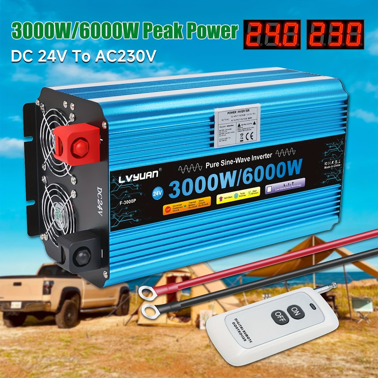 Power Inverter 24V – Spanningsomvormer – Inverter – Omvormer – Converter – 4000W Continu Vermogen – LCD Display & Afstandsbediening