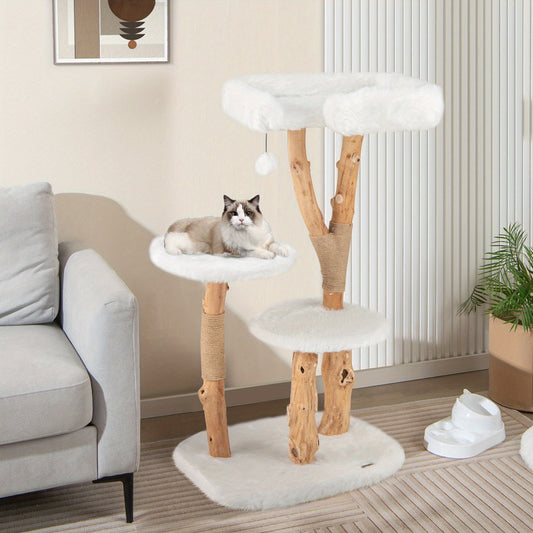 Krabpaal Kat – Kattenboom – Krabmeubel – Klimpaal – Kattenklimtoren – Massief Perenhout – Jute Krabpalen – 111 cm Hoog – Zachte Pluche Ligplekken