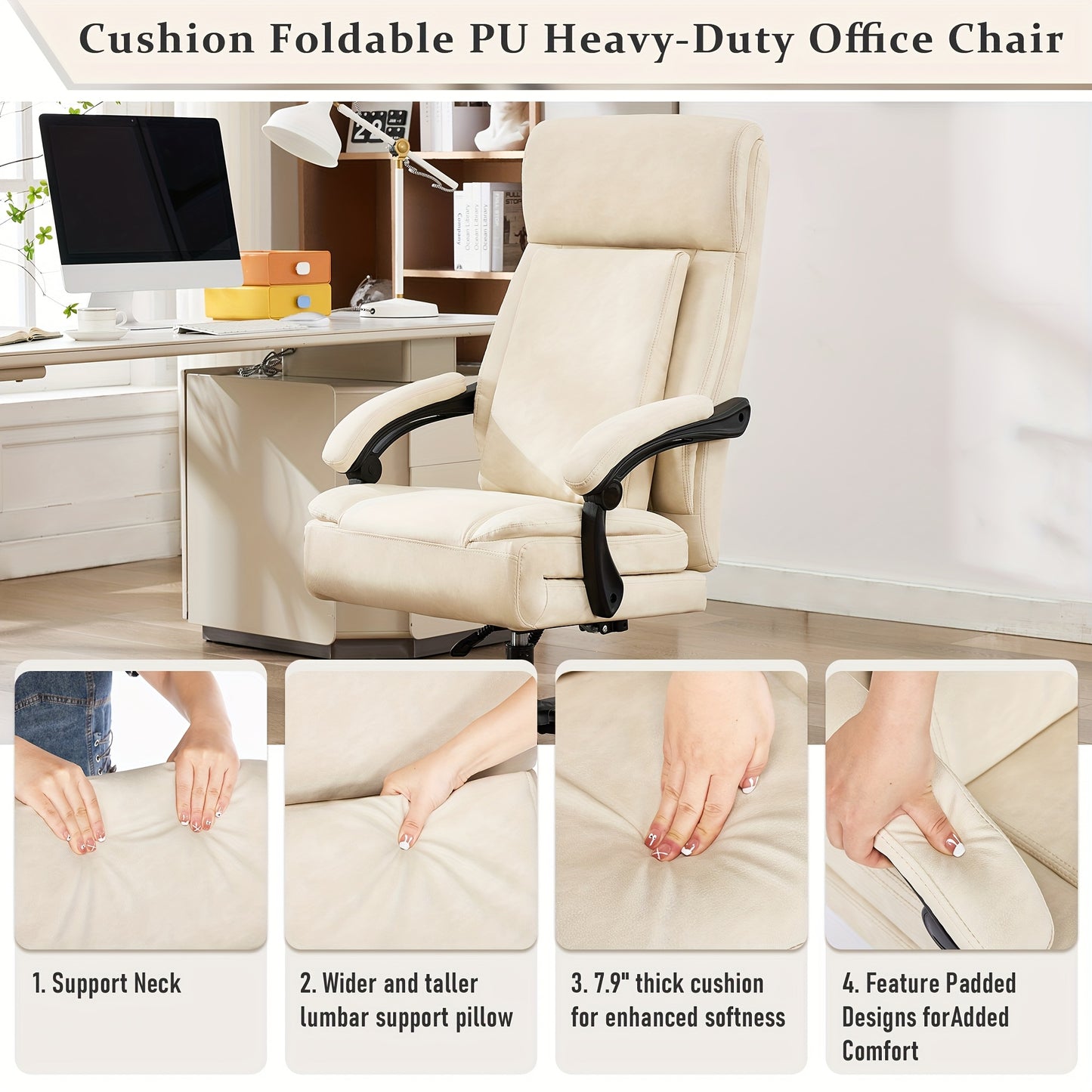 Bureaustoel – Bureaustoel Met Wieltjes – Desk Chair – Werkstoel – Retro Beige – Draagkracht 500 Kg – PU Leer Bekleding