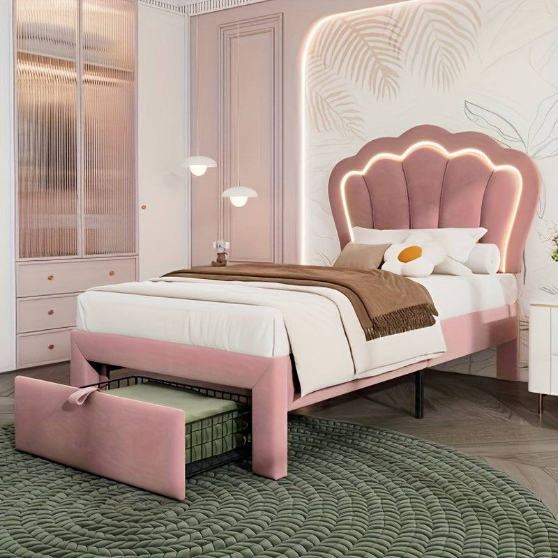 Bedframe Roze – Gestoffeerd Bed – Eenpersoonsbed – Slaapbank – Kinderbed – Pastelroze Kleur – Eenvoudige Montage – Duurzaam Bamboemateriaal