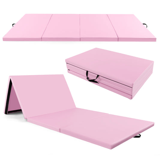 Opvouwbare Fitnessmat – Gymnastiekmat – Yogamat – Trainingsmat – Tumblingmat – 300x117x5 cm – PU Lederhoes – Klittenbandverbinding – Lichtgewicht 6,5 kg – Draaghandvatten – Roze