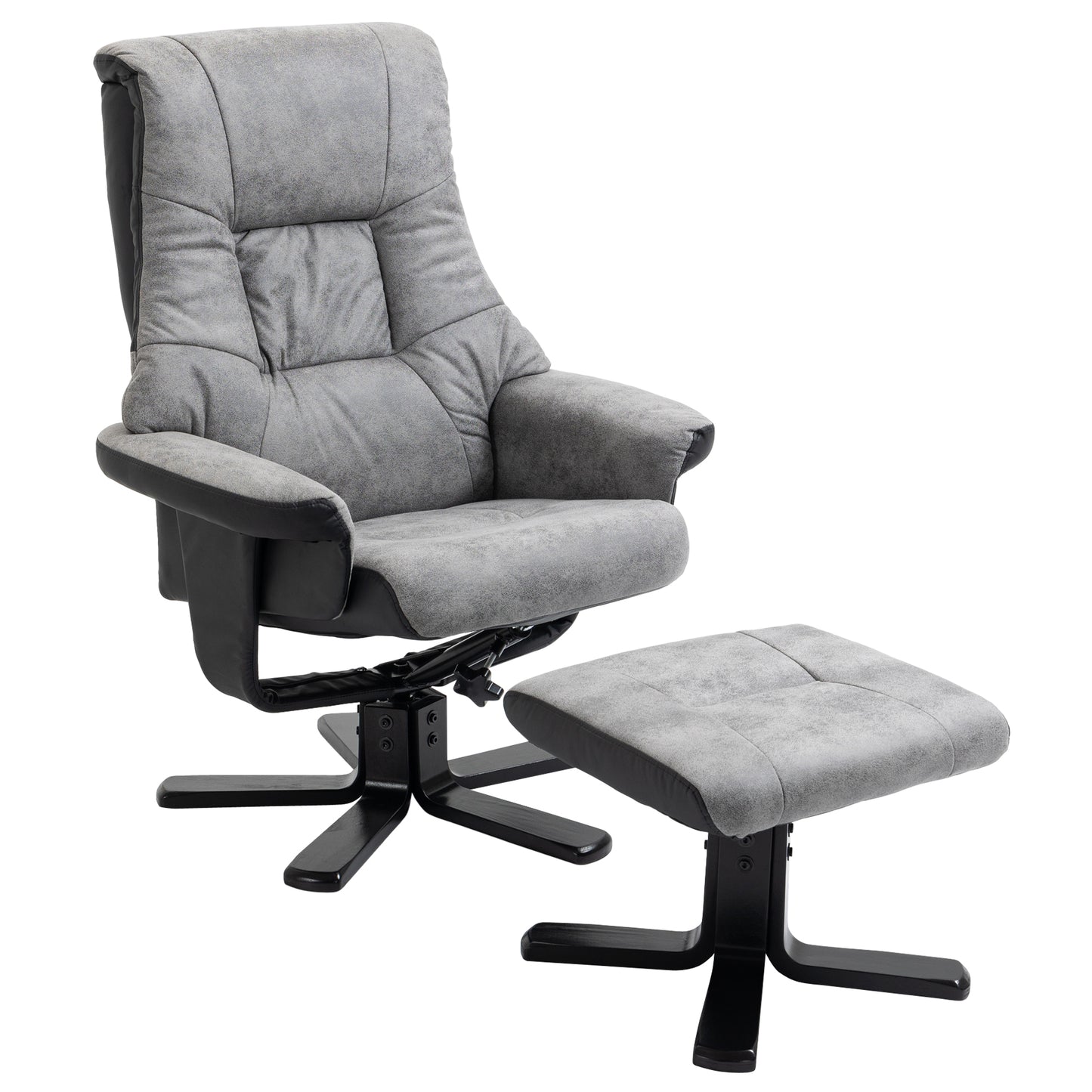 HOMCOM Reclining Lounge Chair with Footrest, 360° Swivel, Microfiber Upholstery, Solid Wood Legs, Thick Padded Seat, Gray, 135 cm