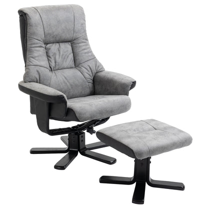 HOMCOM Reclining Lounge Chair with Footrest, 360° Swivel, Microfiber Upholstery, Solid Wood Legs, Thick Padded Seat, Gray, 135 cm