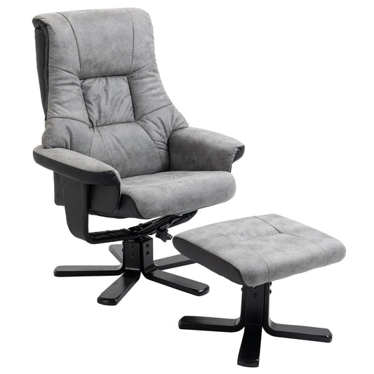 HOMCOM Reclining Lounge Chair with Footrest, 360° Swivel, Microfiber Upholstery, Solid Wood Legs, Thick Padded Seat, Gray, 135 cm