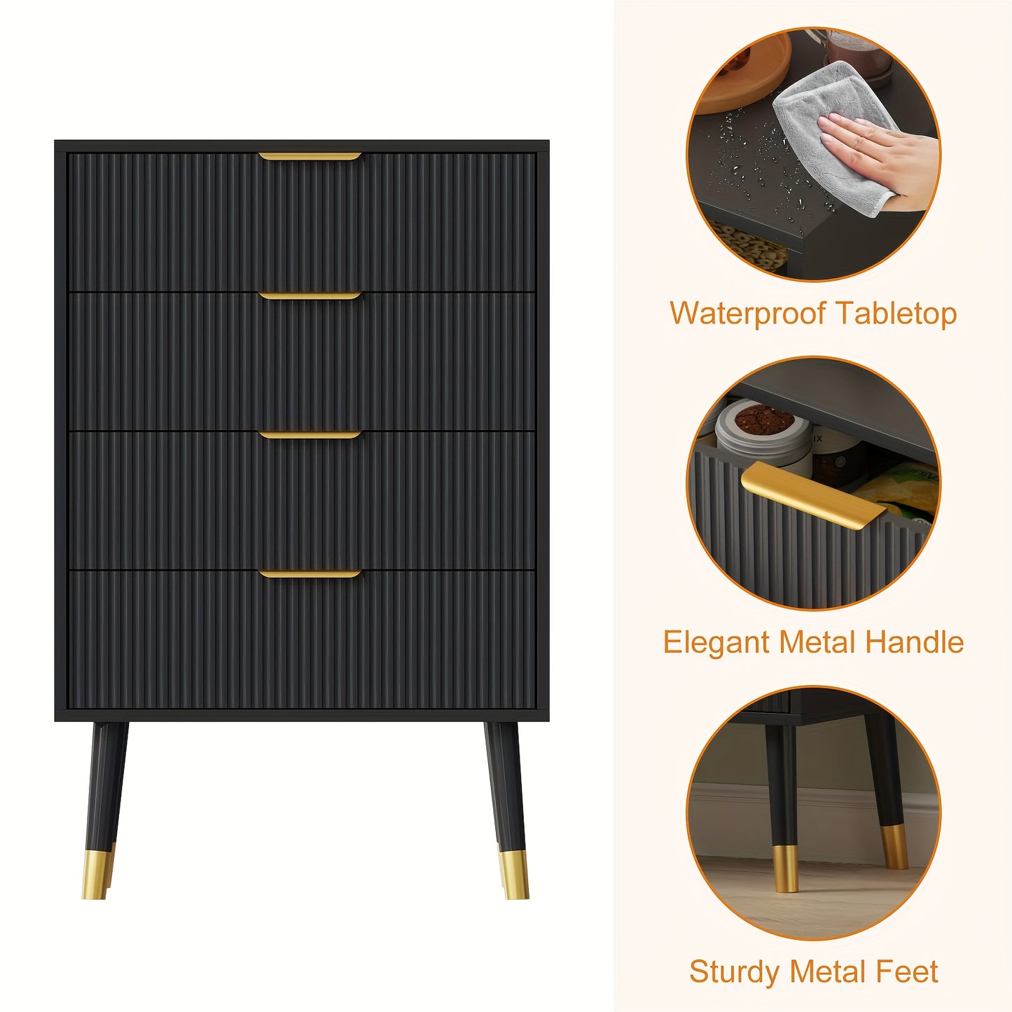 Ladekast – Ladekasten – Dressoir – Opbergkast – Ladenkast Zwart – Fluted Design – Gouden Metalen Poten – Compact Formaat – Geen Montage Nodig